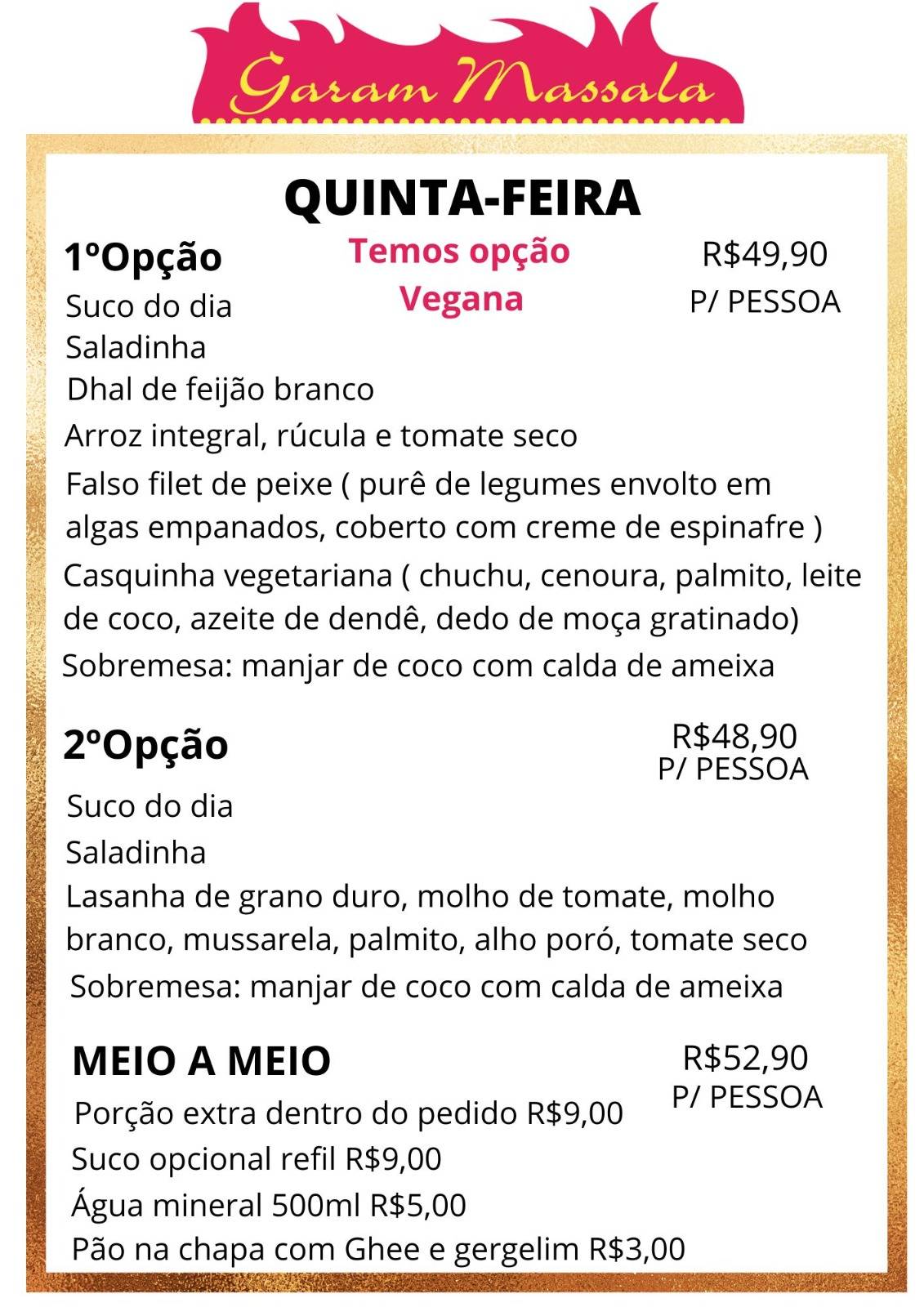 Garam Massala Restaurante Lacto Vegetariano cardápio