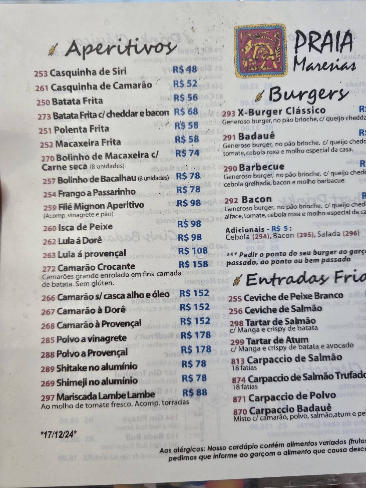 Badauê Unidade Maresias cardápio