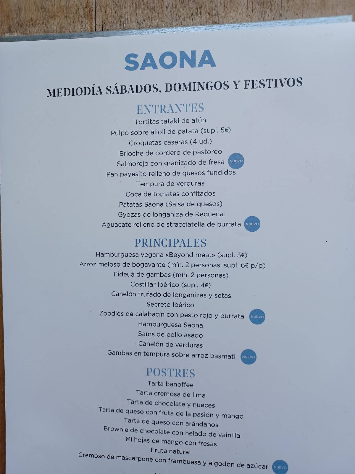 Carta del restaurante Saona Las Tablas, Madrid, Paseo Tierra del Melide