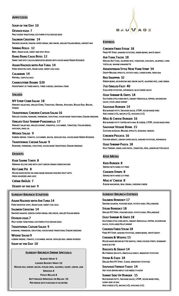 Menu at Sauvage pub & bar, Shreveport