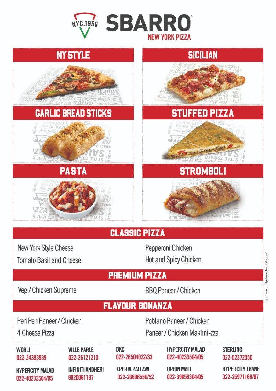 Sbarro- Viviana mall,Thane menu