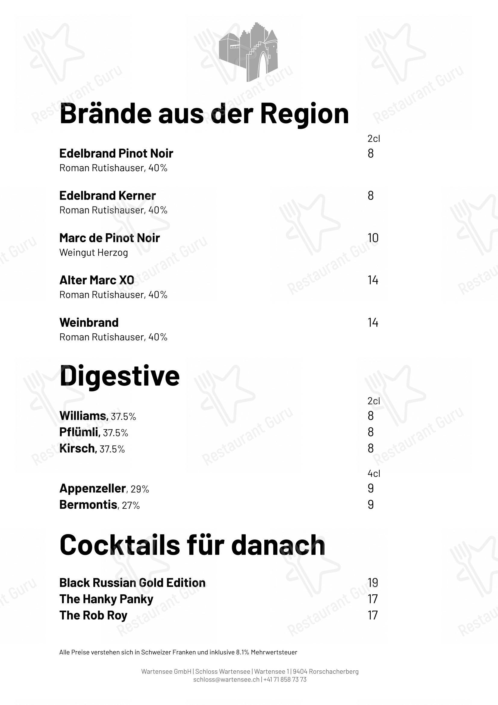 Menu per Schloss Wartensee ristorante