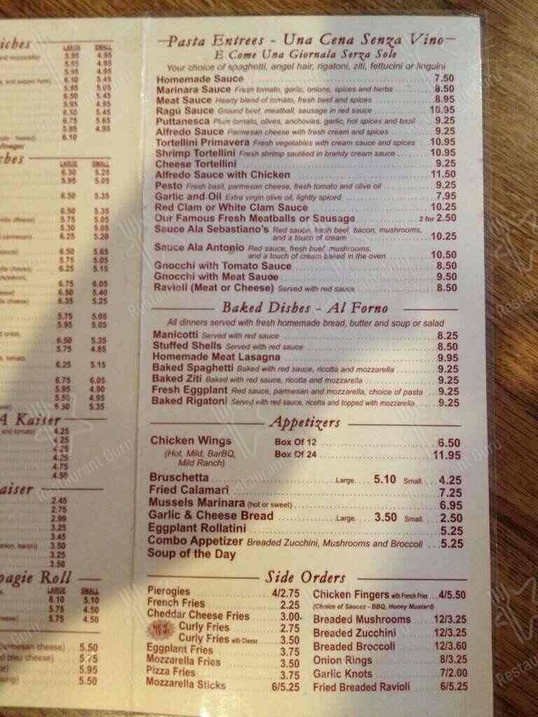 Menu at Sebastiano's Italian Restaurant And Pizzeria, Reading