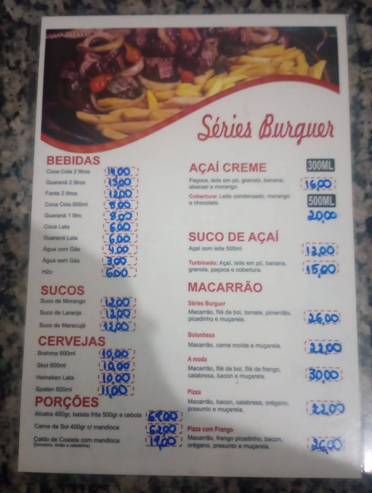 Séries burguer cardápio