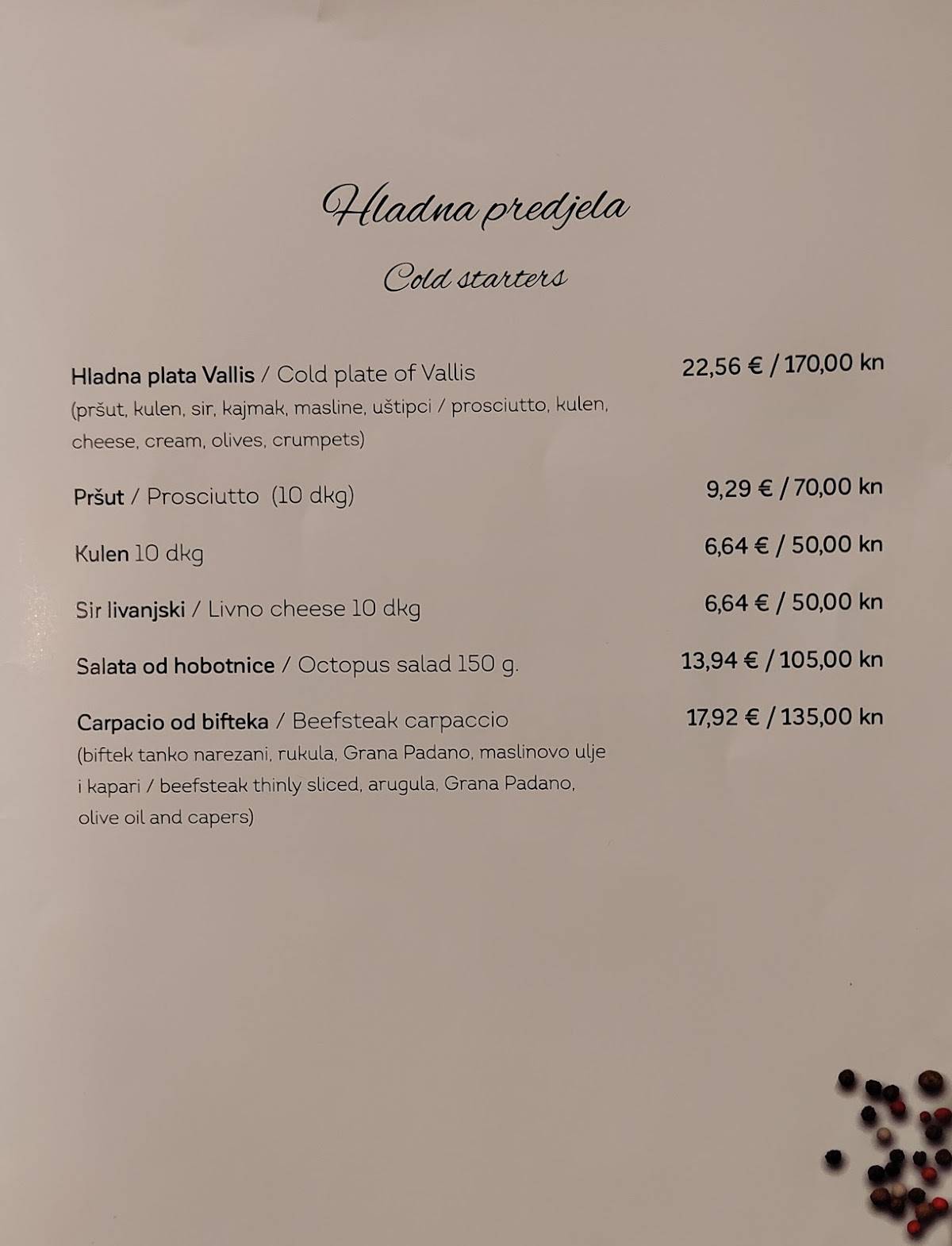Menu di Restoran "Vallis" 