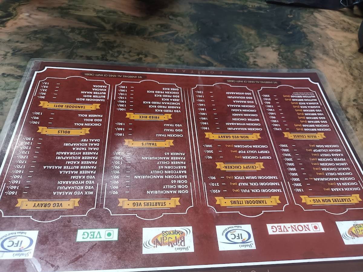 Shadan's Biryani Express menu