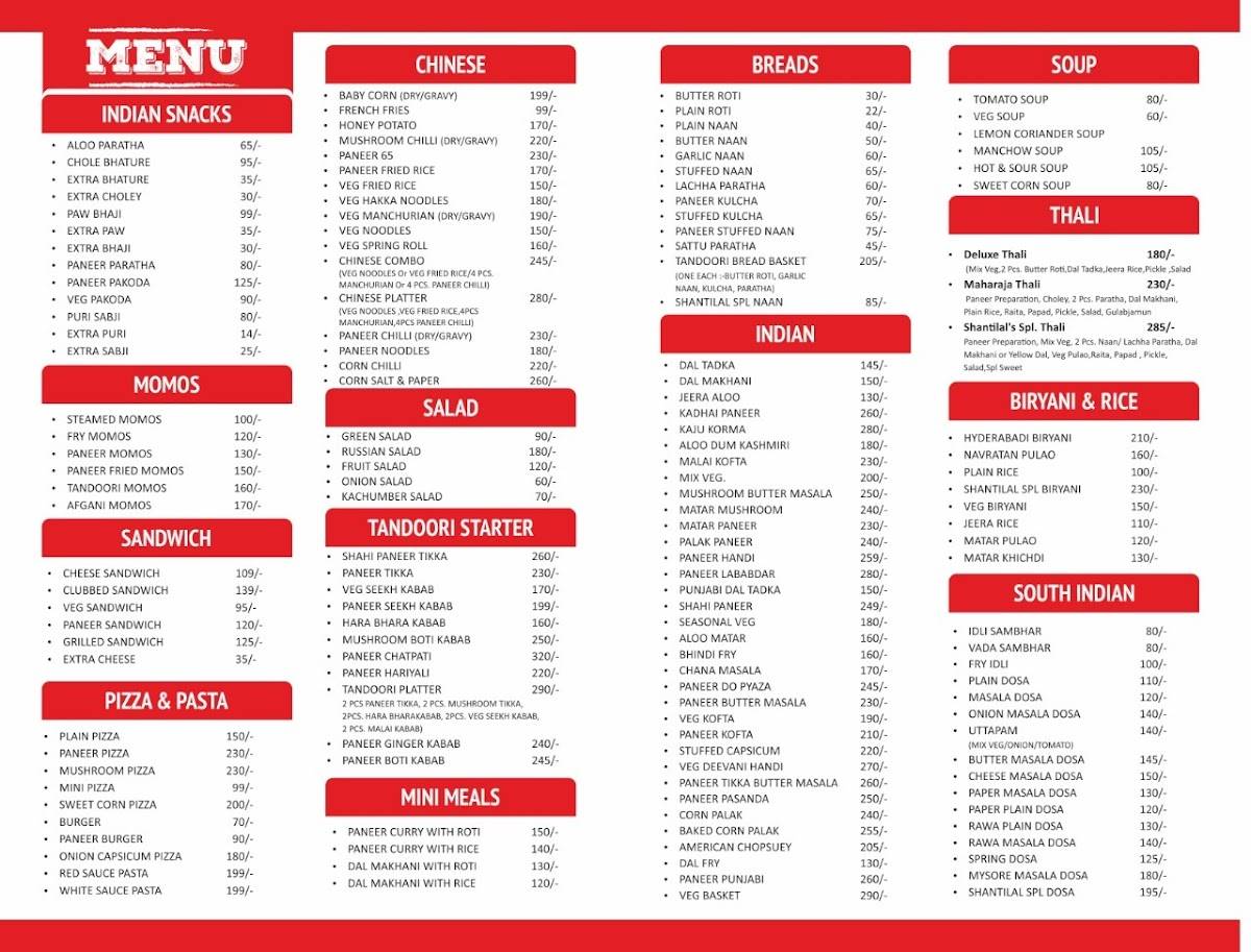 Shantilal's Sweets & Restaurant Bakery & Snacks menu