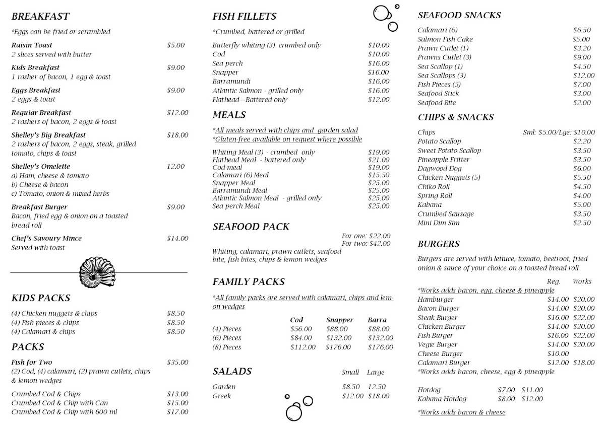 Shelley Inn menu