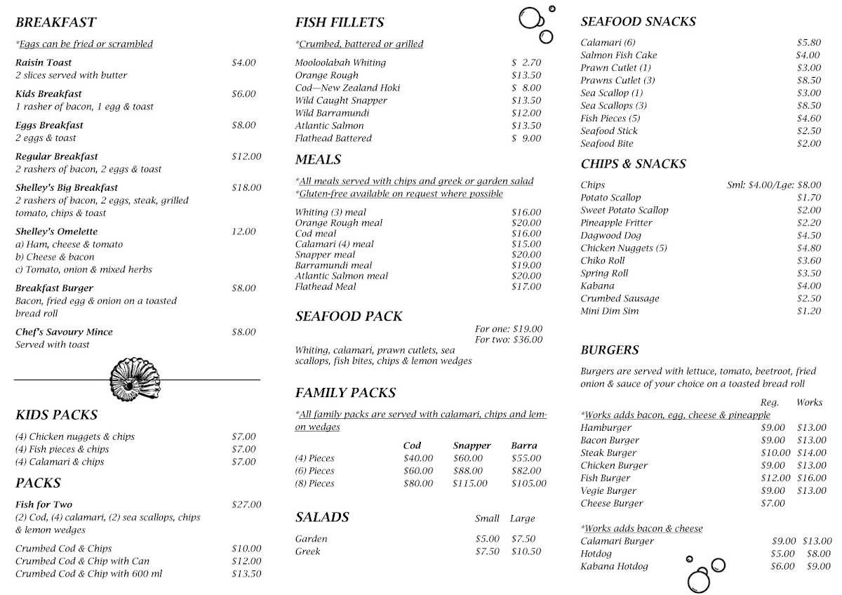 Shelley Inn menu