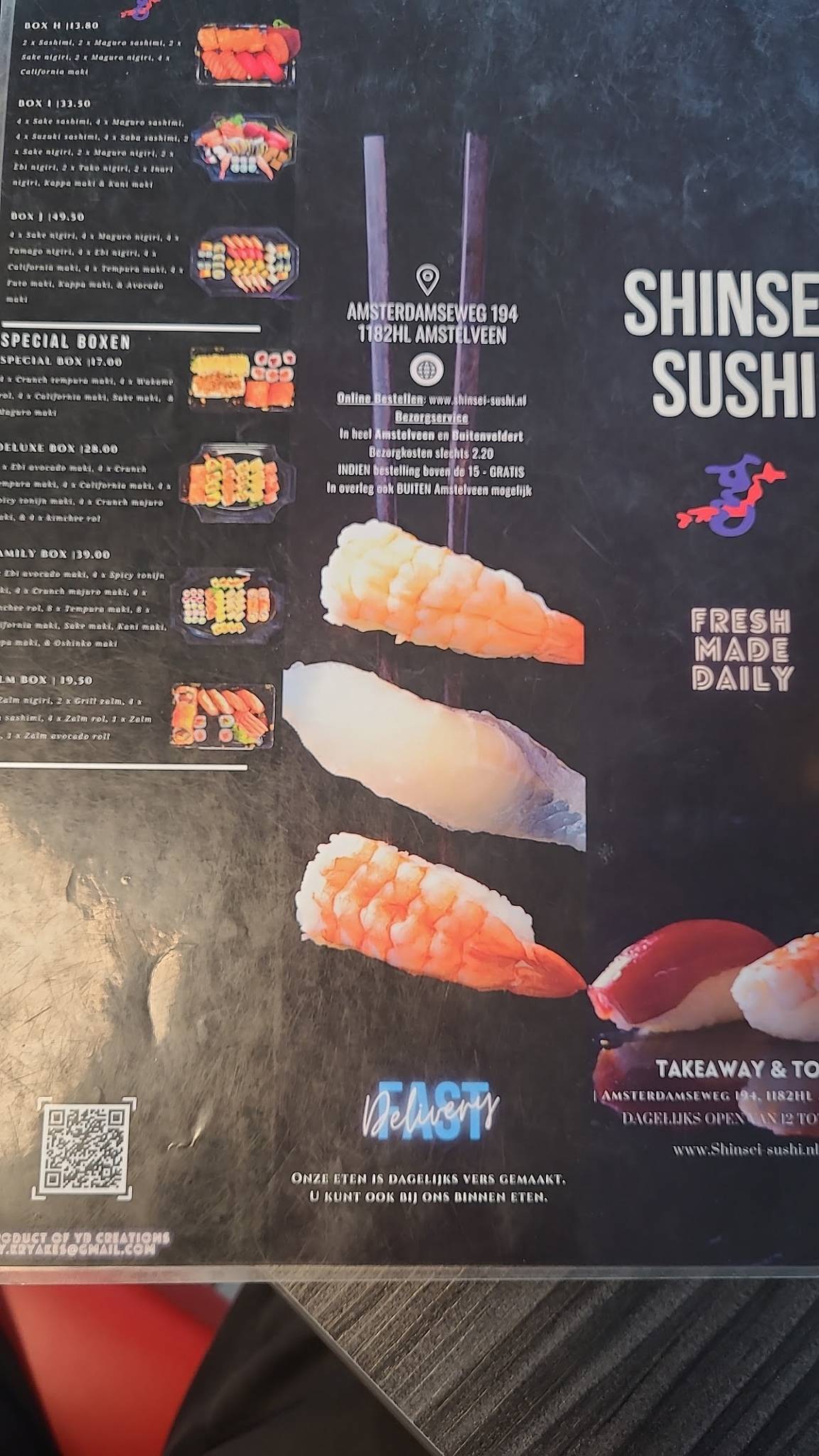 Menu de Shinsei Sushi