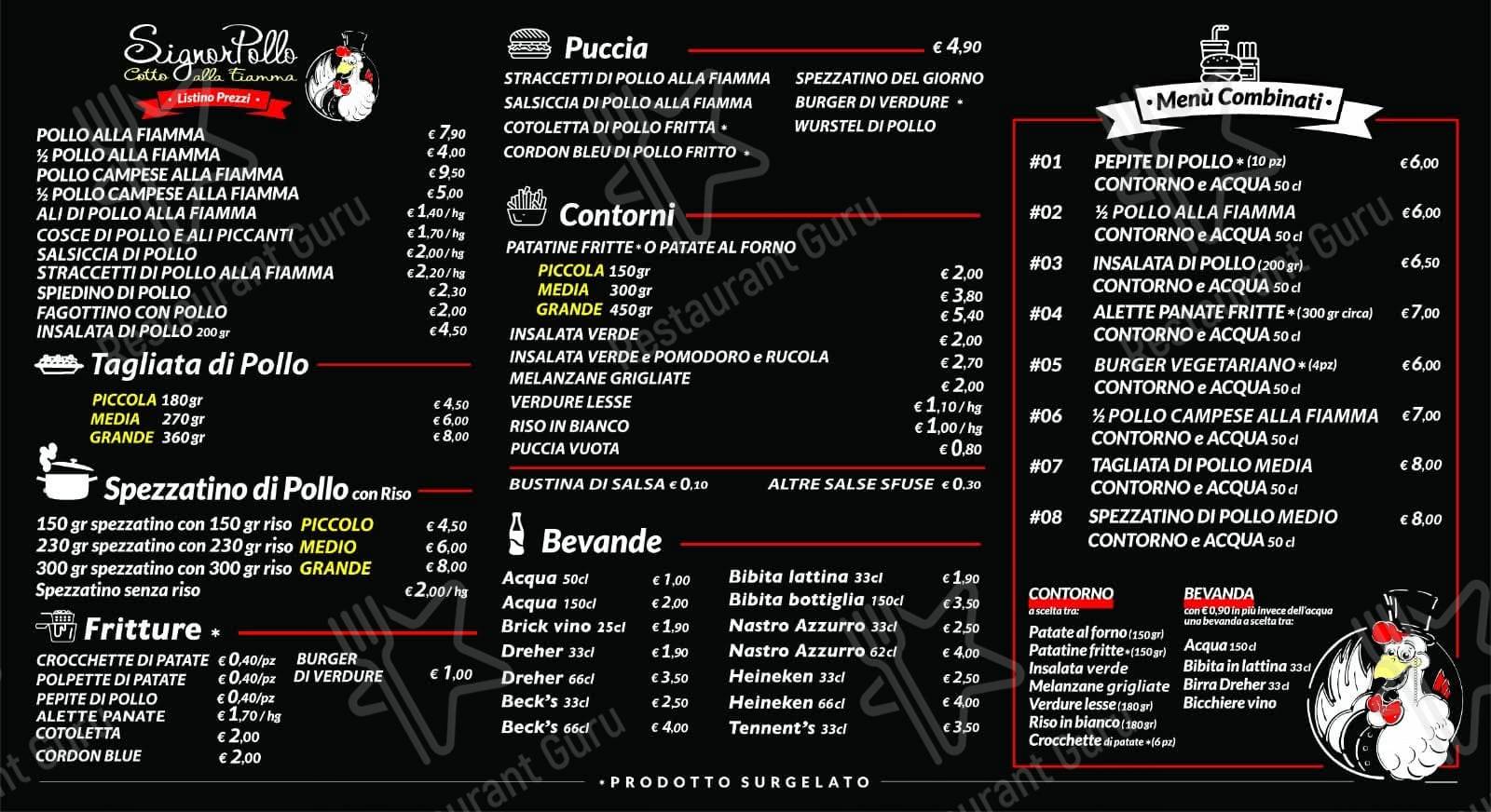 Menu pour Signorpollo - repas et boissons
