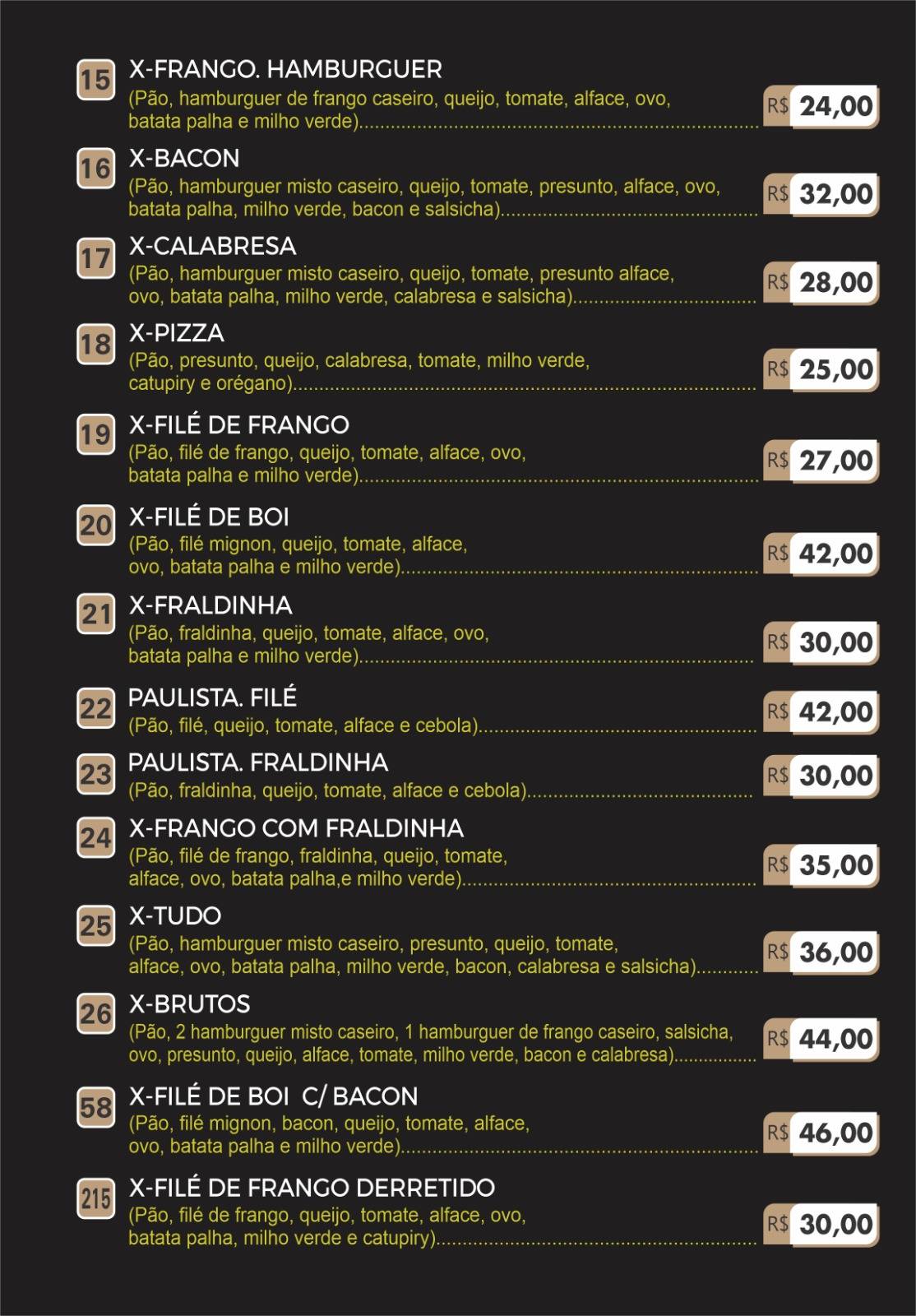 Salsicha Lanches cardápio