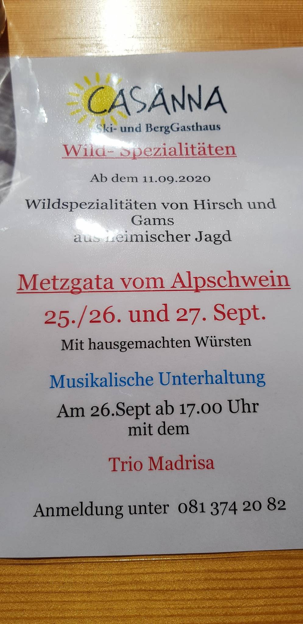 Menu di Ski- und Berggasthaus Casanna 