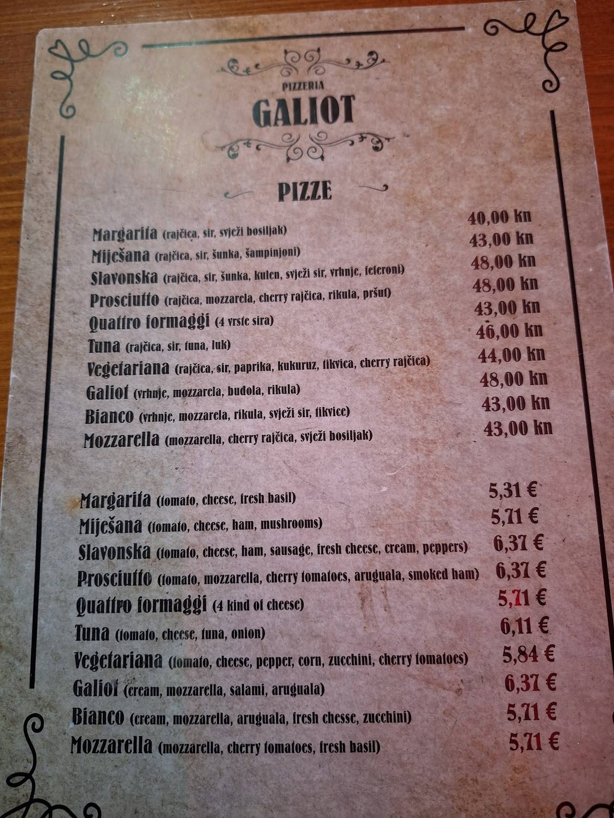 Menu di Pizzeria Galiot 