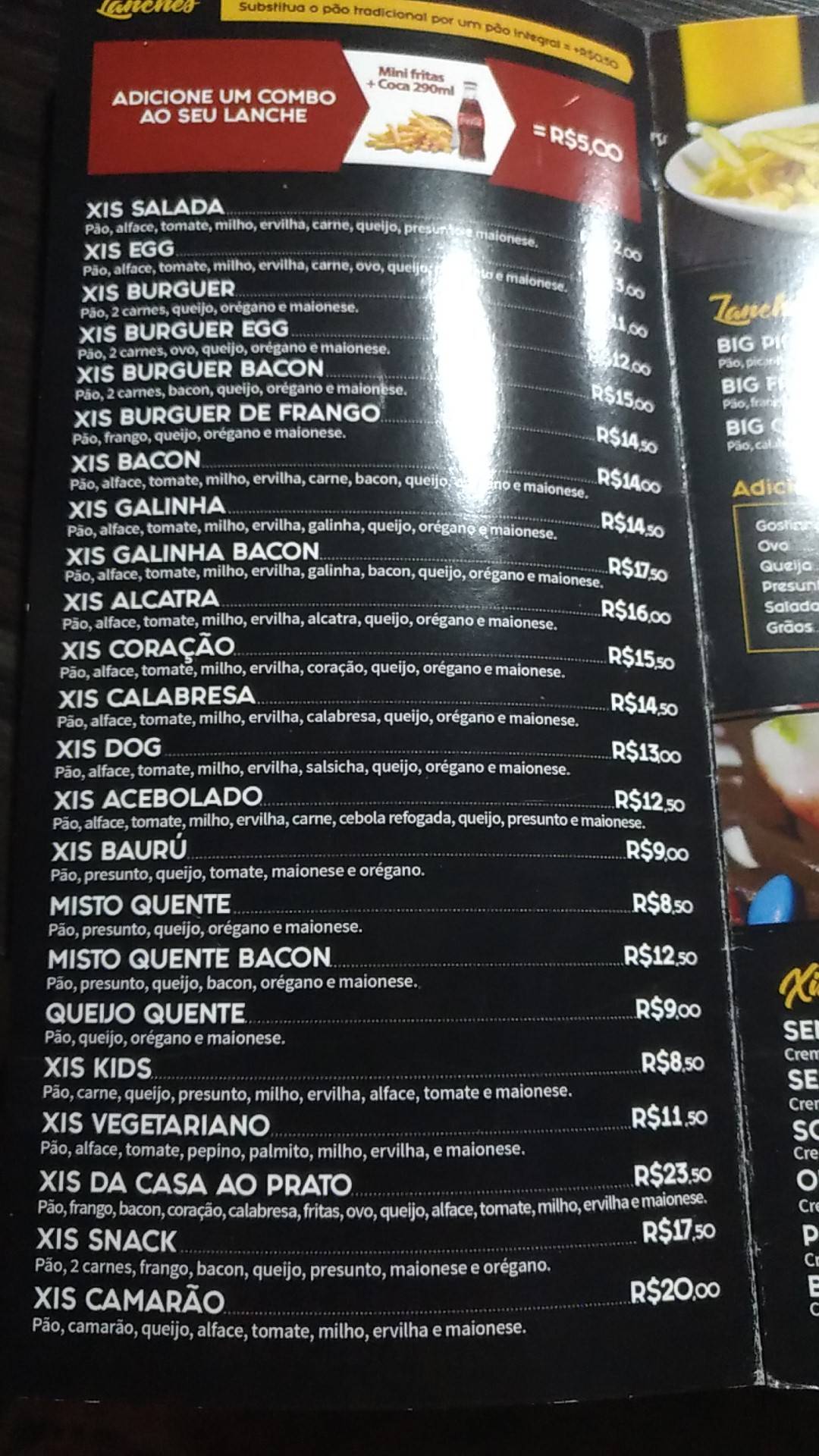 Snack Lanches cardápio