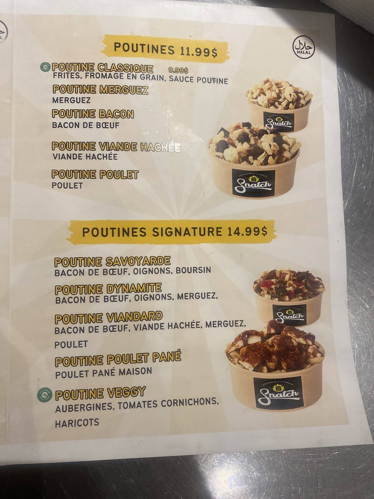 Menu de Snatch Restaurant Meilleur Tacos Francais, Burgers et Riz Tasty Crispy (Halal)