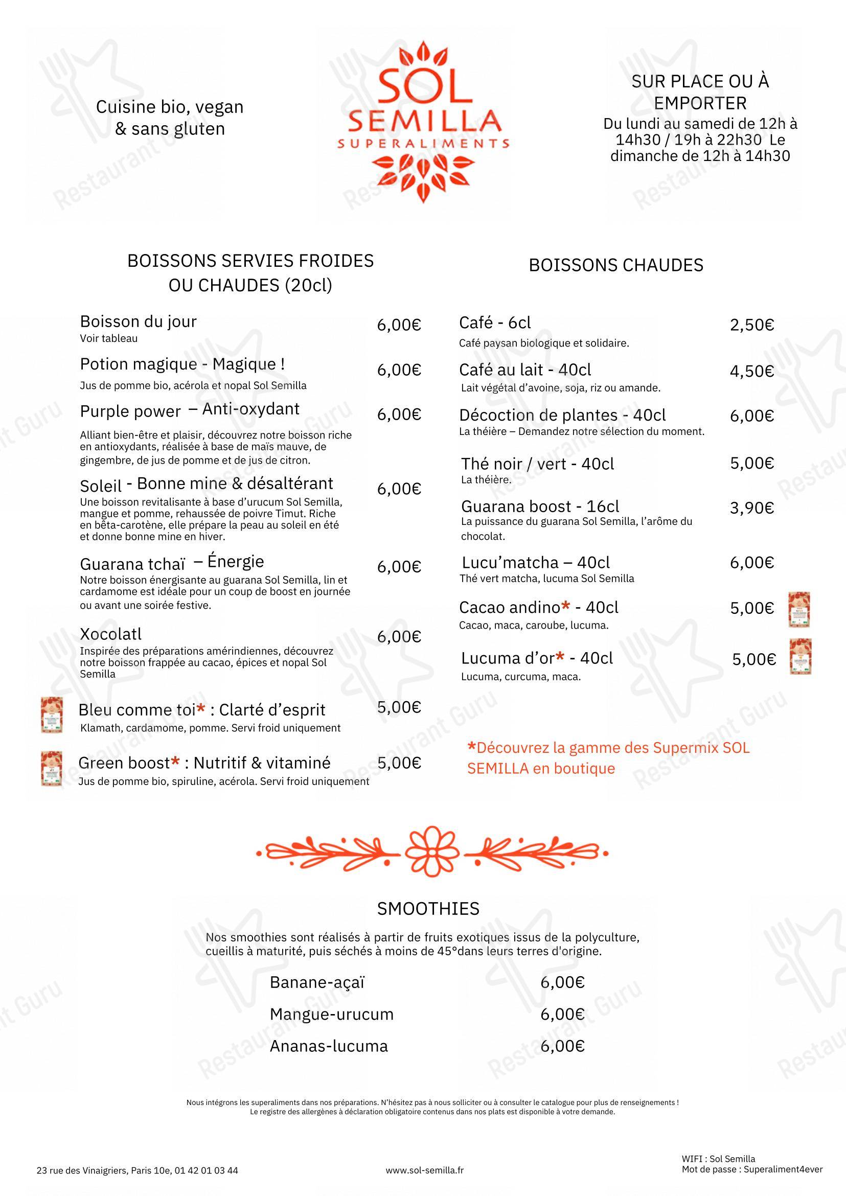 Menu pour SOL SEMILLA dans Paris