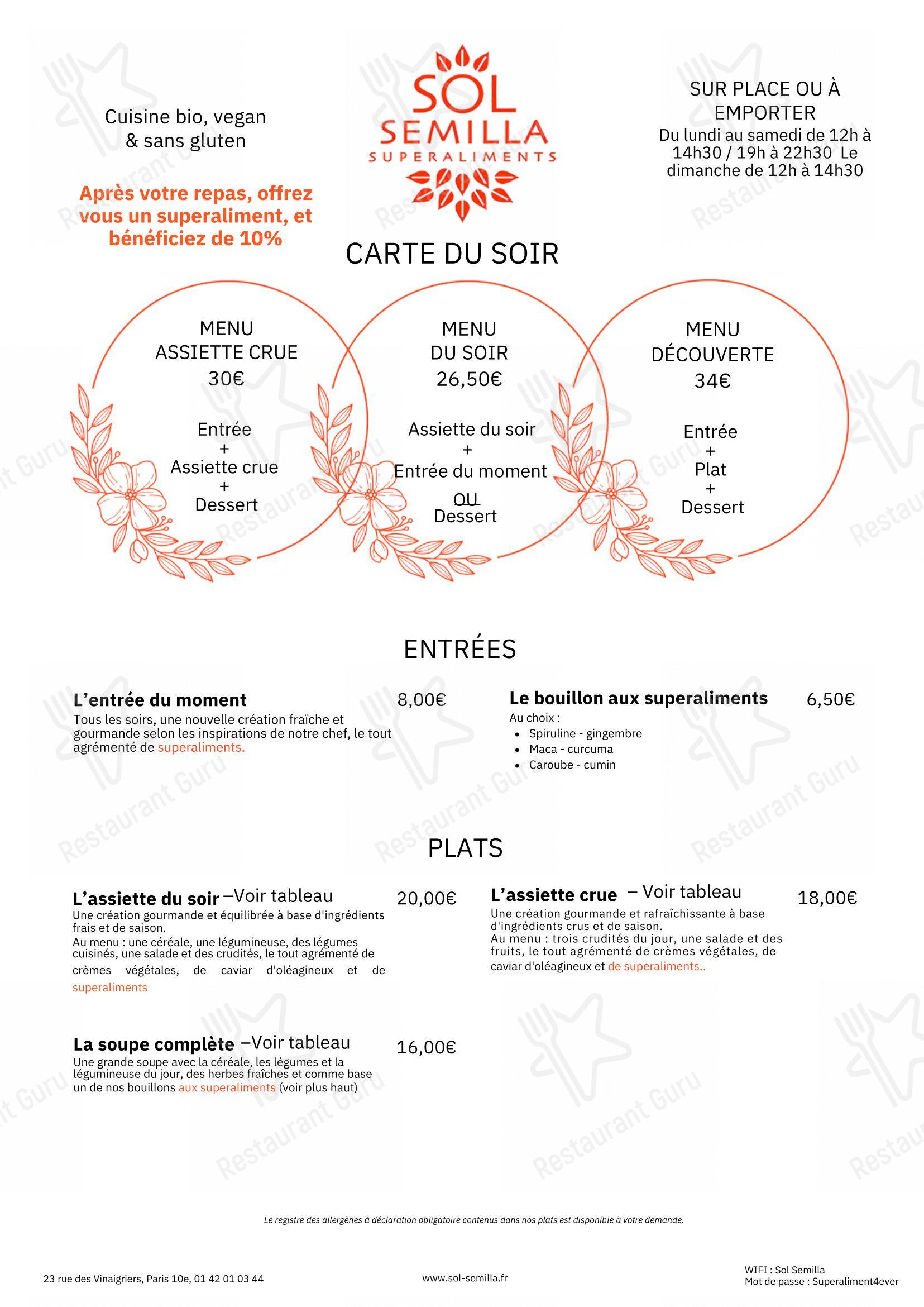 SOL SEMILLA dans Paris - Menu