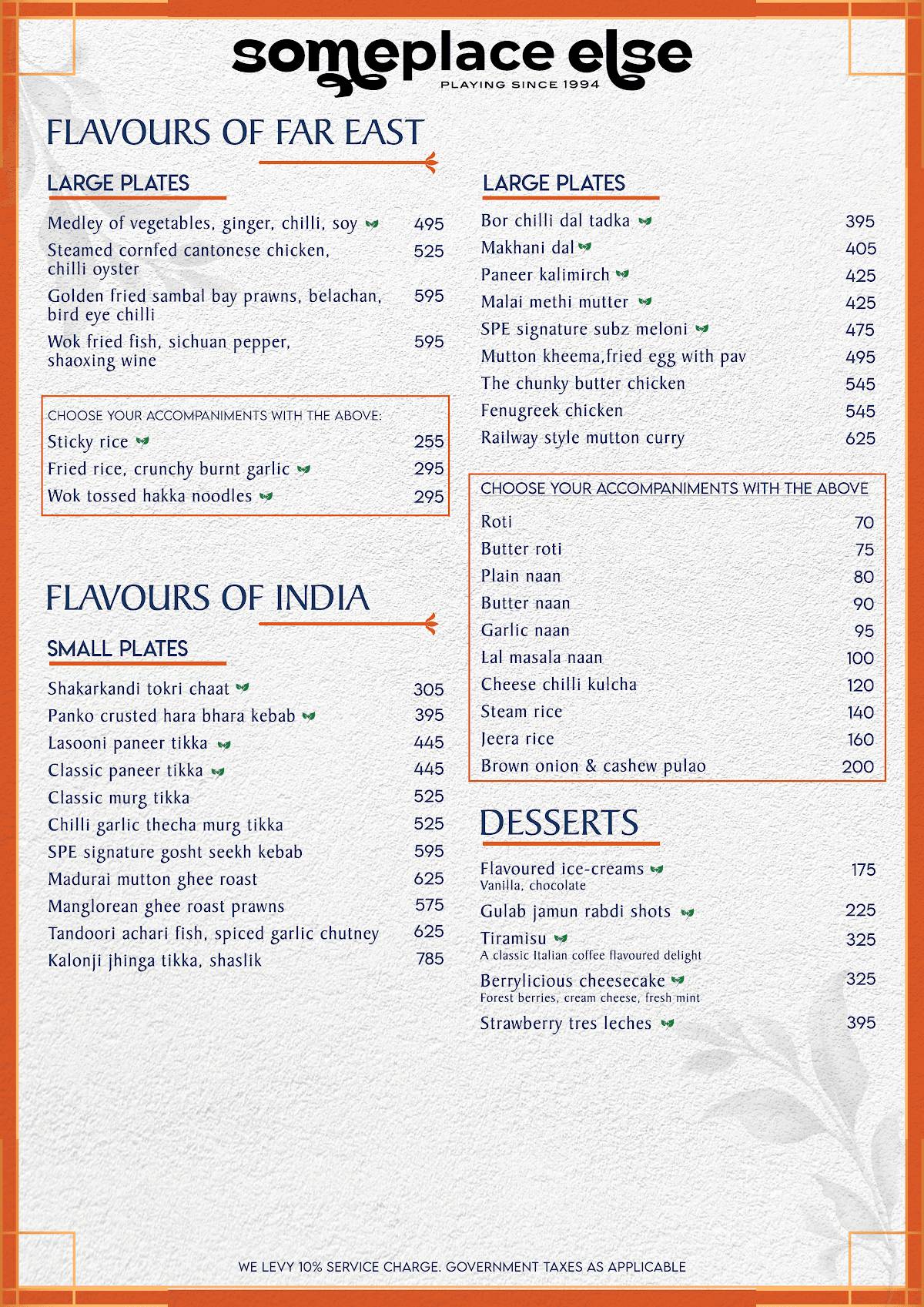 Someplace Else, Mumbai menu