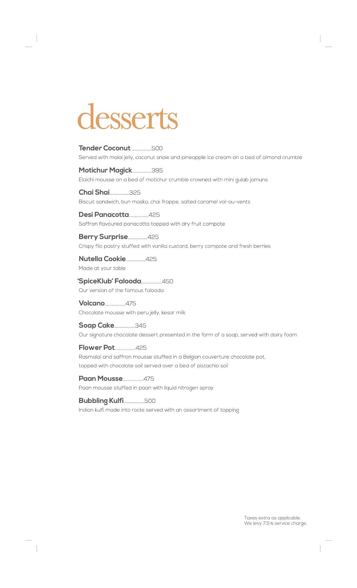Spiceklub Restaurant Bengaluru menu