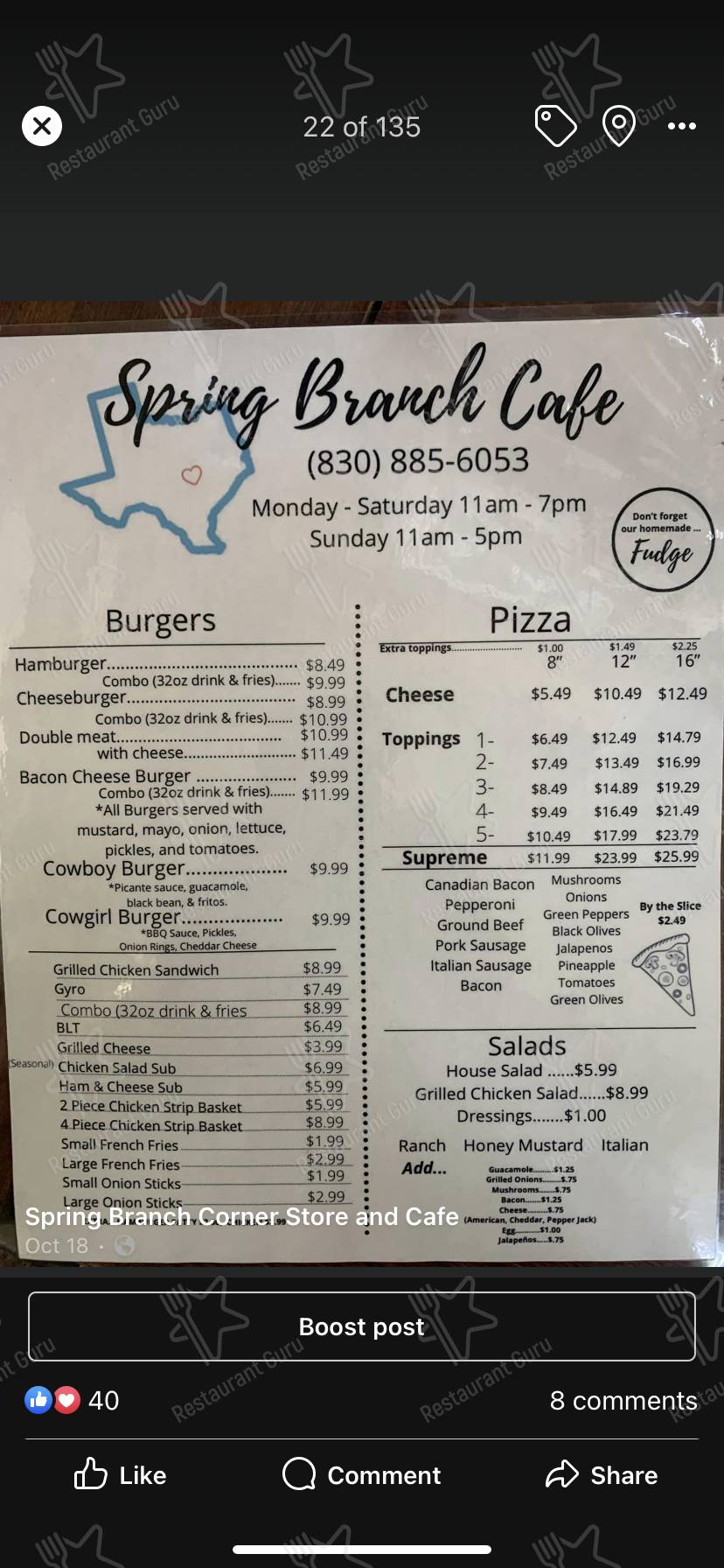 Menu at Spring Branch Cafe, Spring Branch
