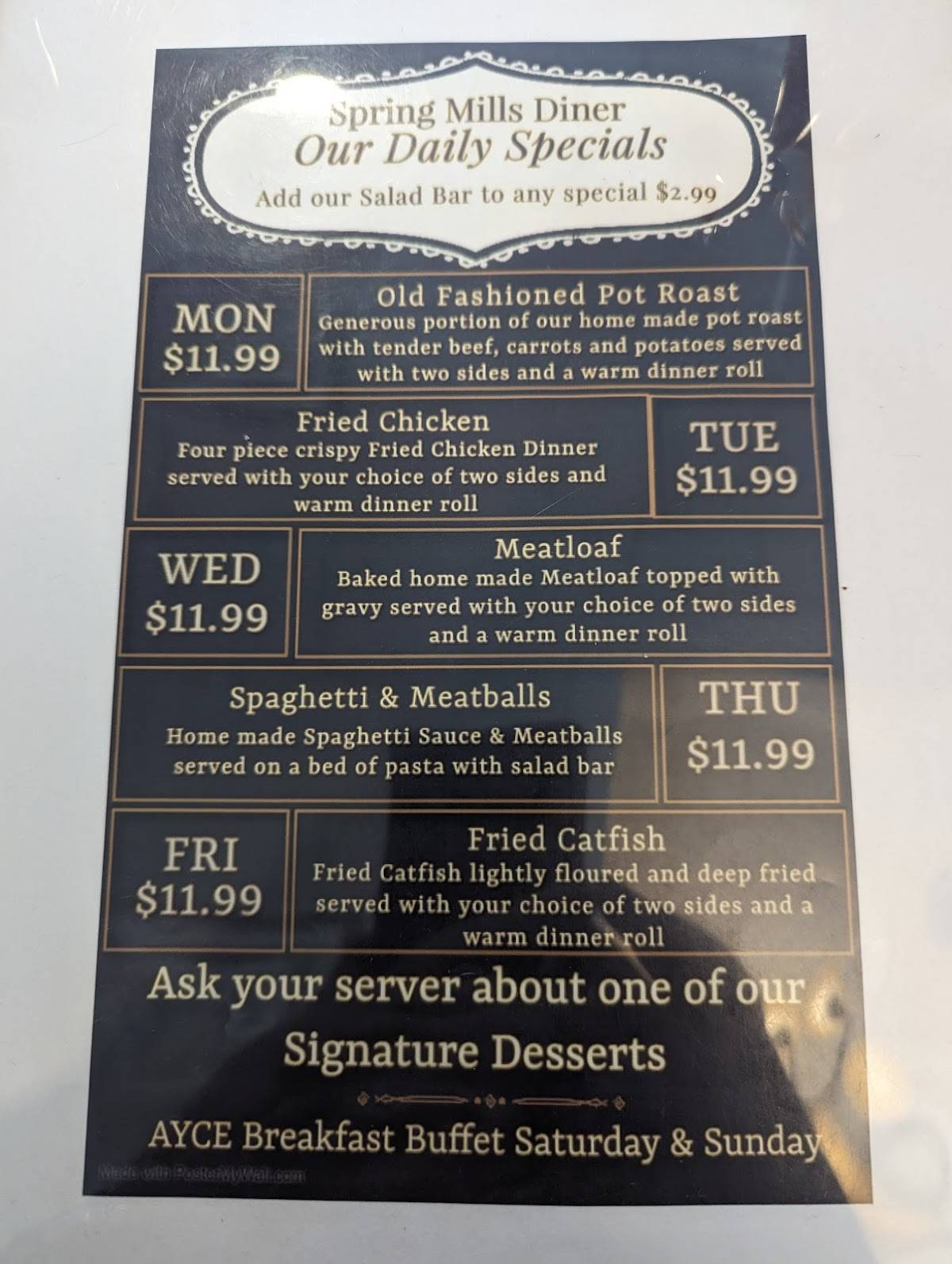Menu at Spring Mills Diner restaurant, Falling Waters