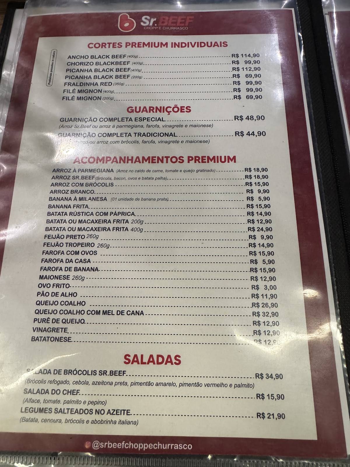 Sr. Beef Chopp e Churrasco cardápio
