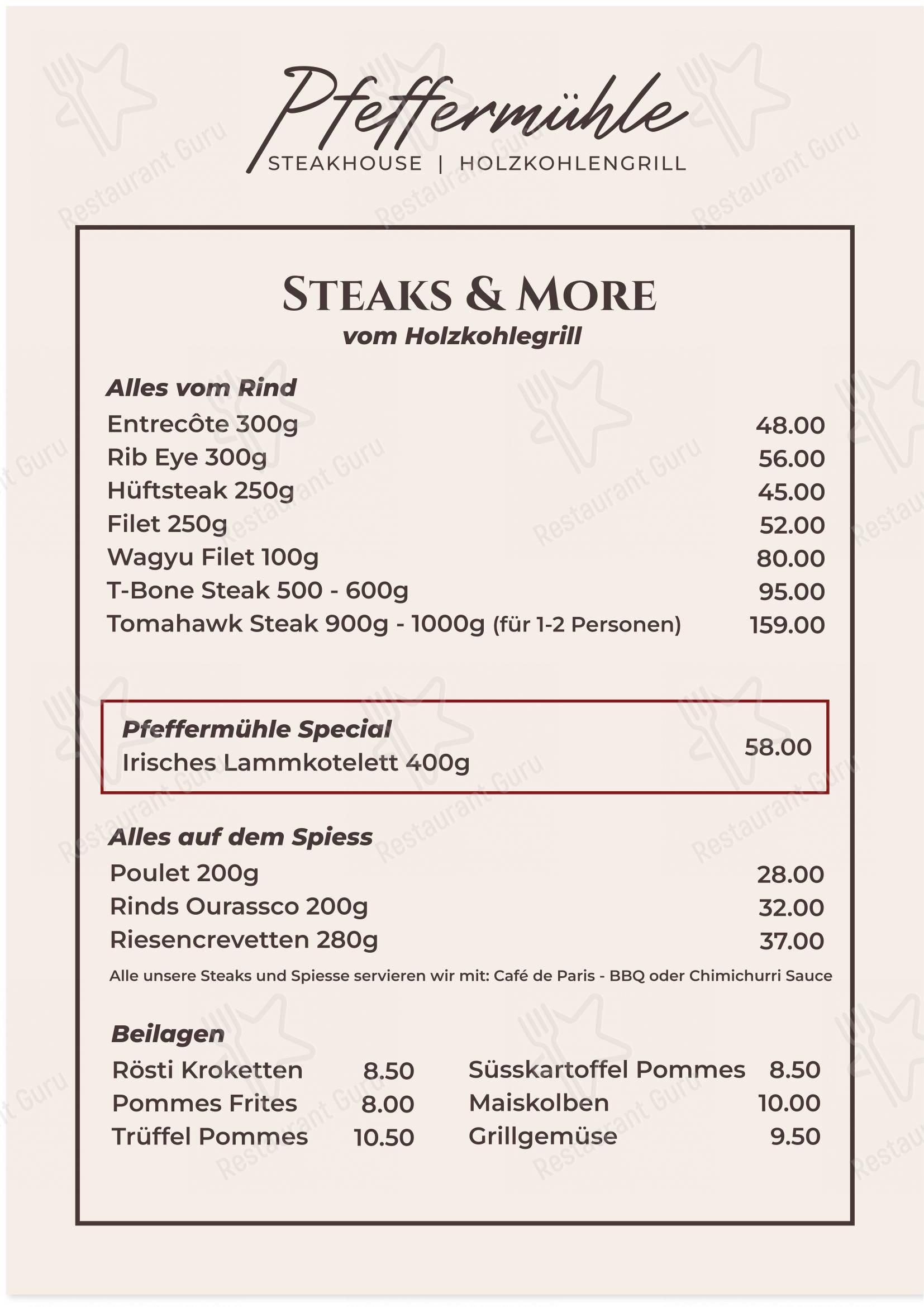 Menu di SteakHouse Pfeffermühle - Menu