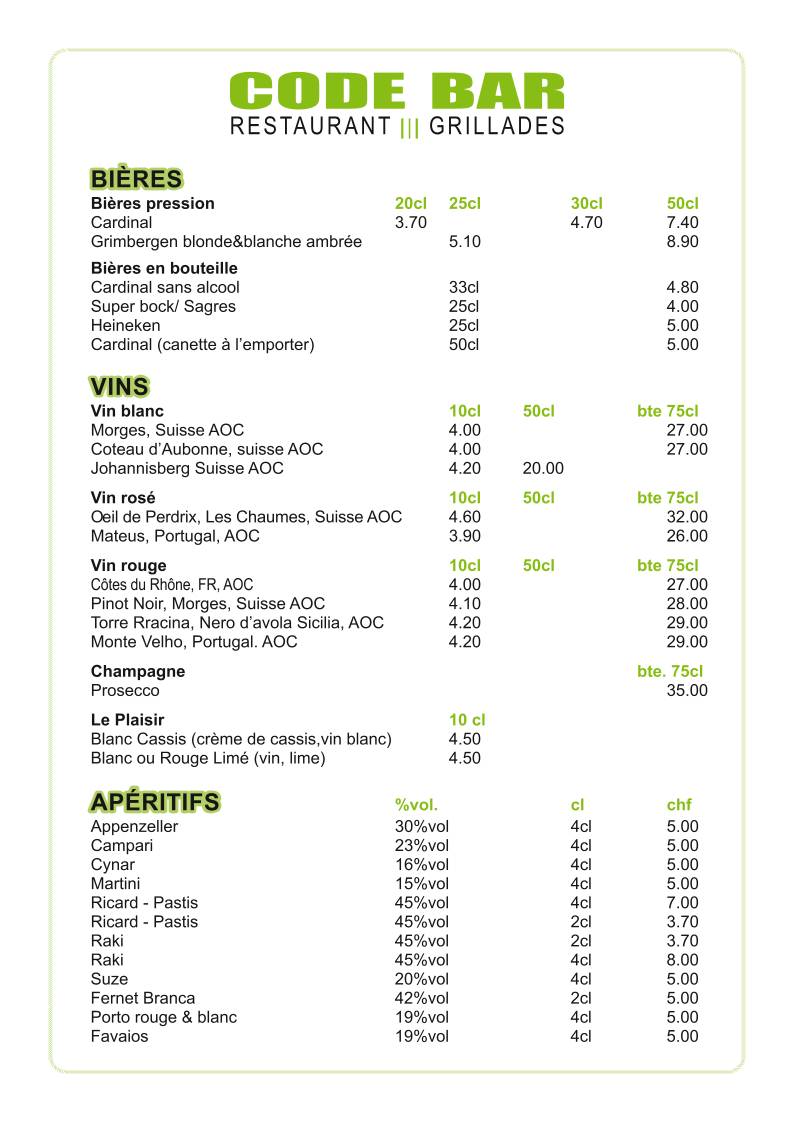 Menu de Code Bar- kebab pizza & Lausanne gare