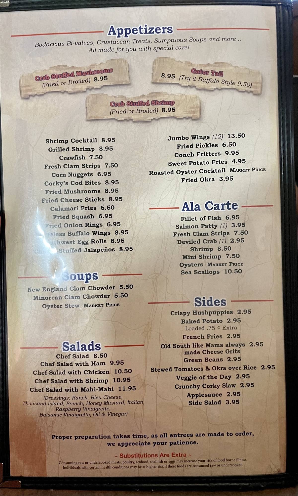 Menu at Corky Bell's Seafood & Steaks steakhouse, Fleming Island