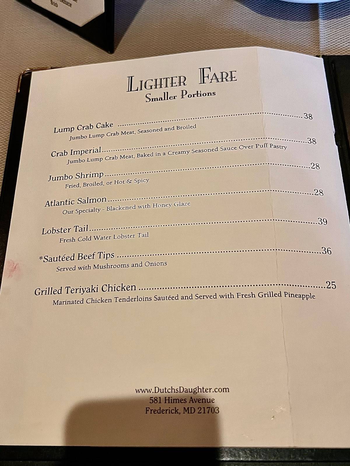 Menu at Dutch's Daughter steakhouse, Frederick, 581 Himes Ave