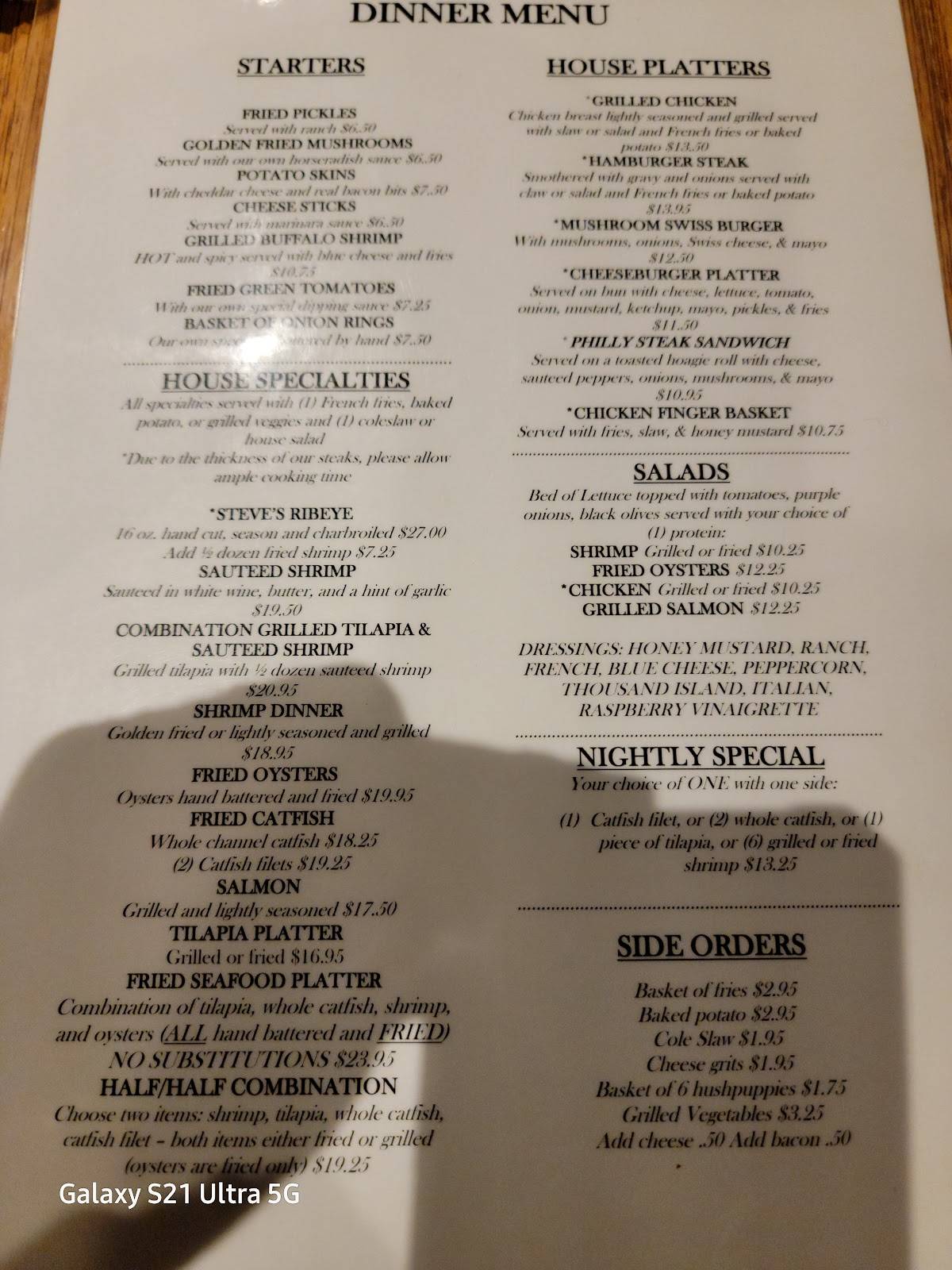 Menu at Steve's Steak & Seafood steakhouse, Macon