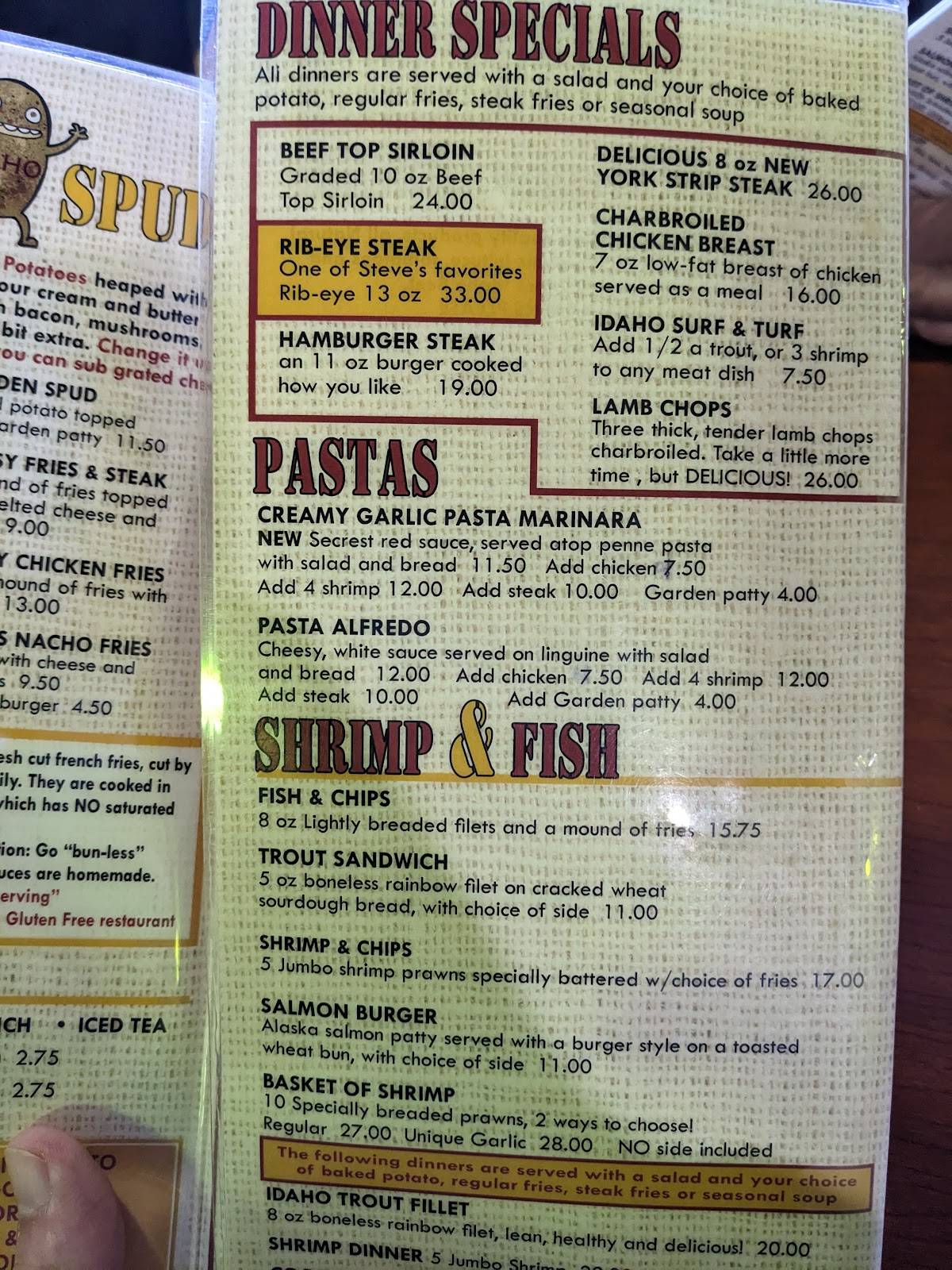 Menu at Stevo's restaurant, Heyburn, 290 S 600 W