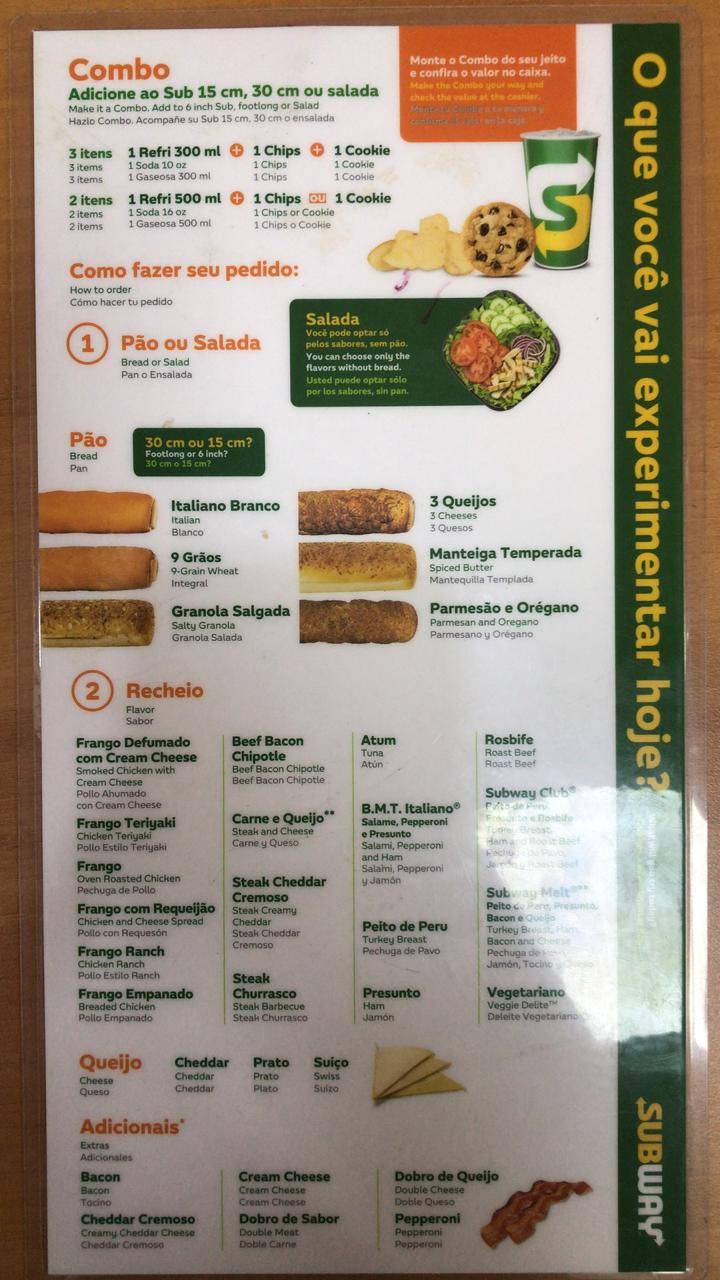 Subway cardápio
