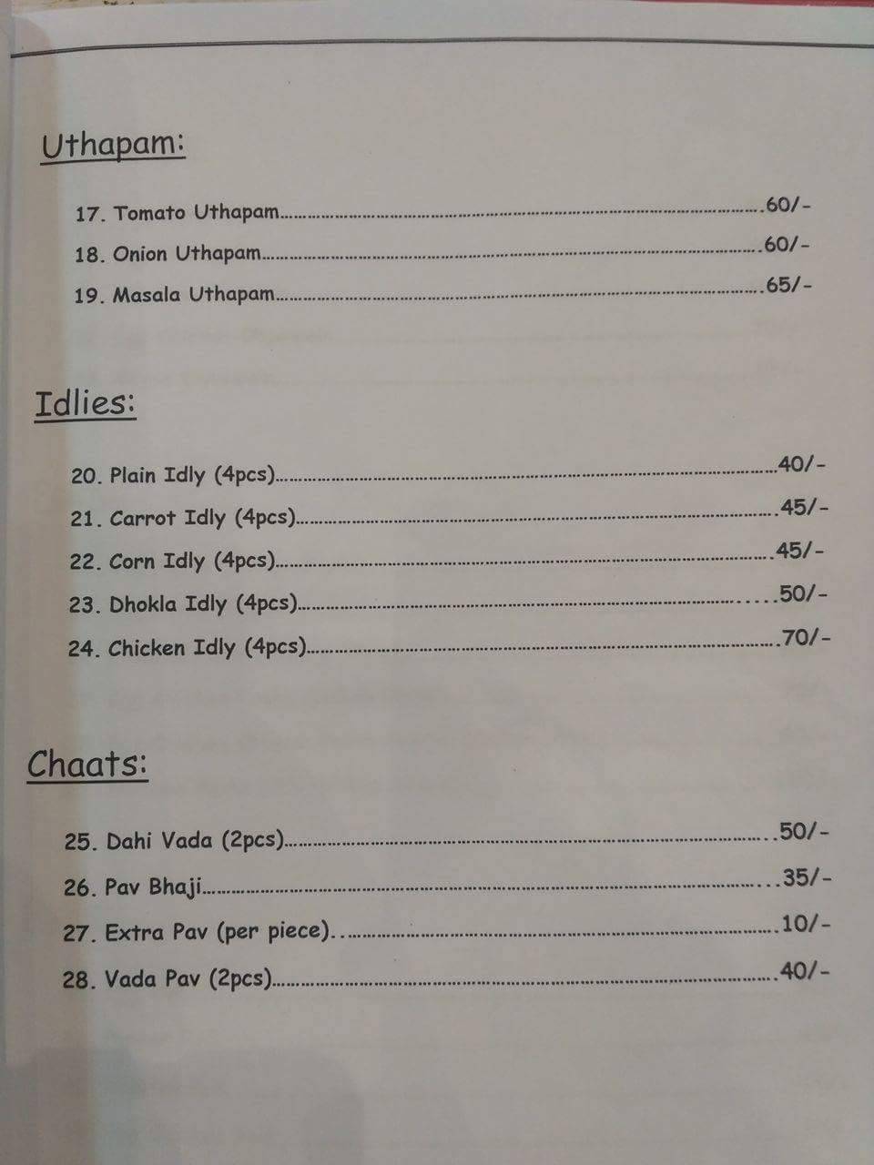 T.A.M Restaurant menu