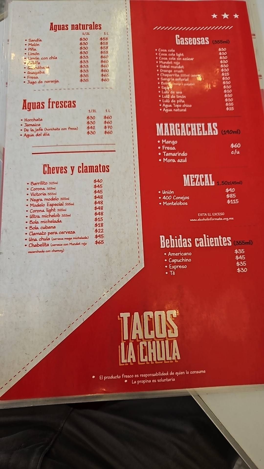 Carta del restaurante Tacos La Chula Revolución, Ciudad del México