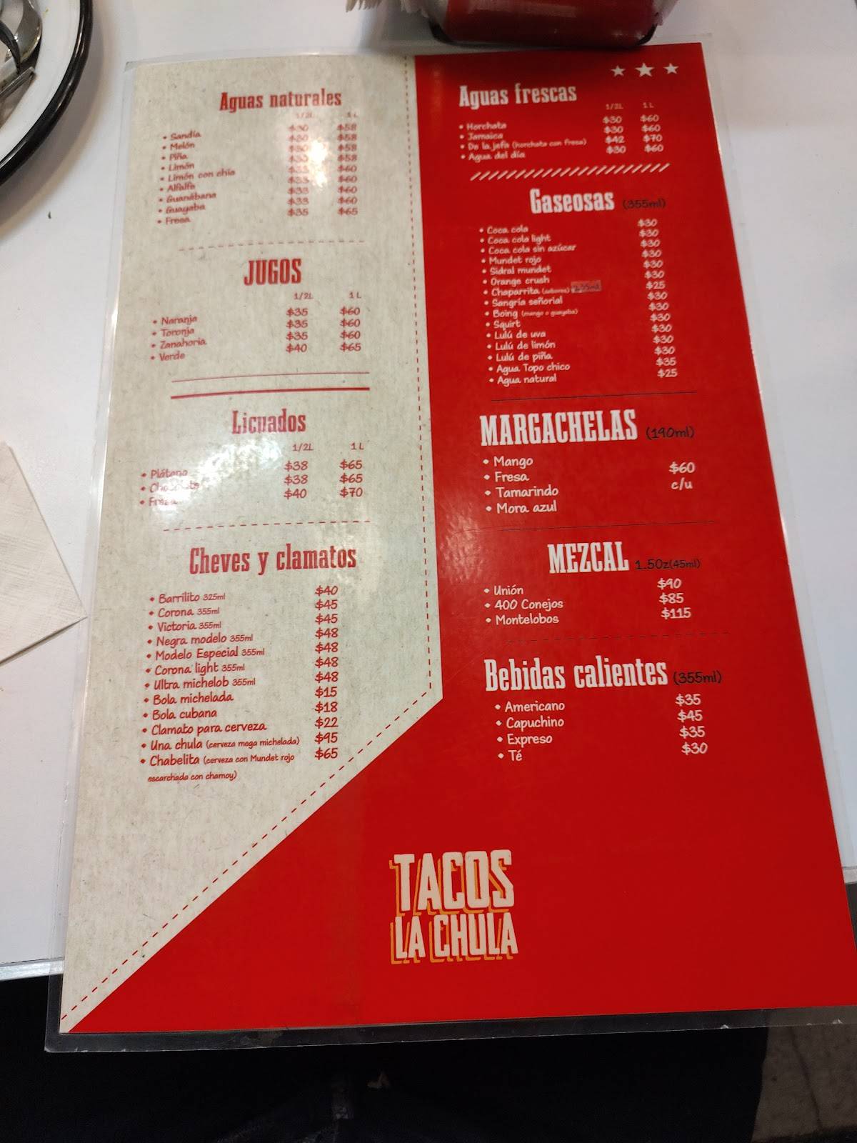 Carta del restaurante Tacos La Chula Revolución, Ciudad del México