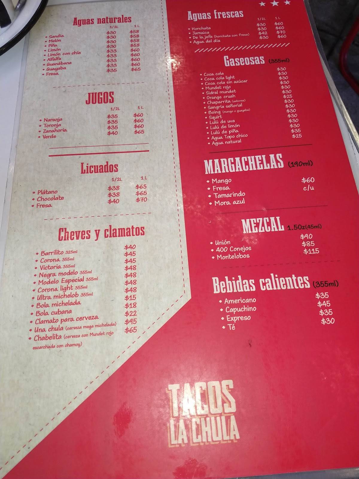 Carta del restaurante Tacos La Chula Revolución, Ciudad del México