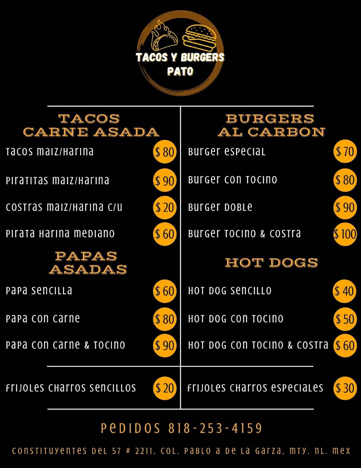 Carta del restaurante Tacos y Burgers Pato, Monterrey