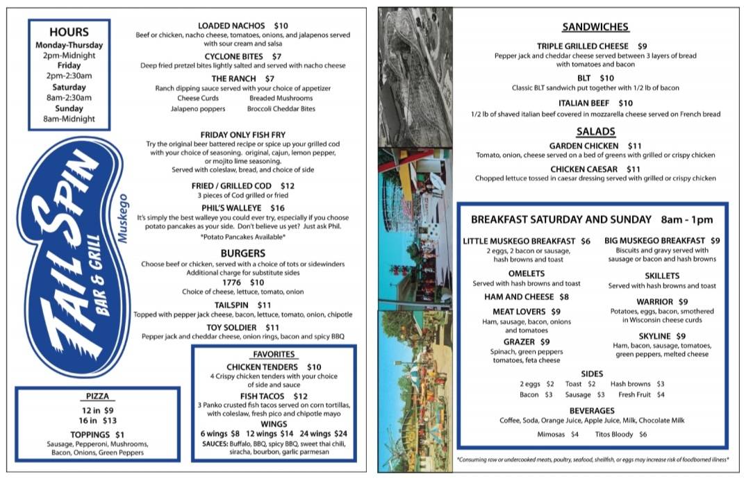 Menu at Tail Spin Bar & Grill, Muskego