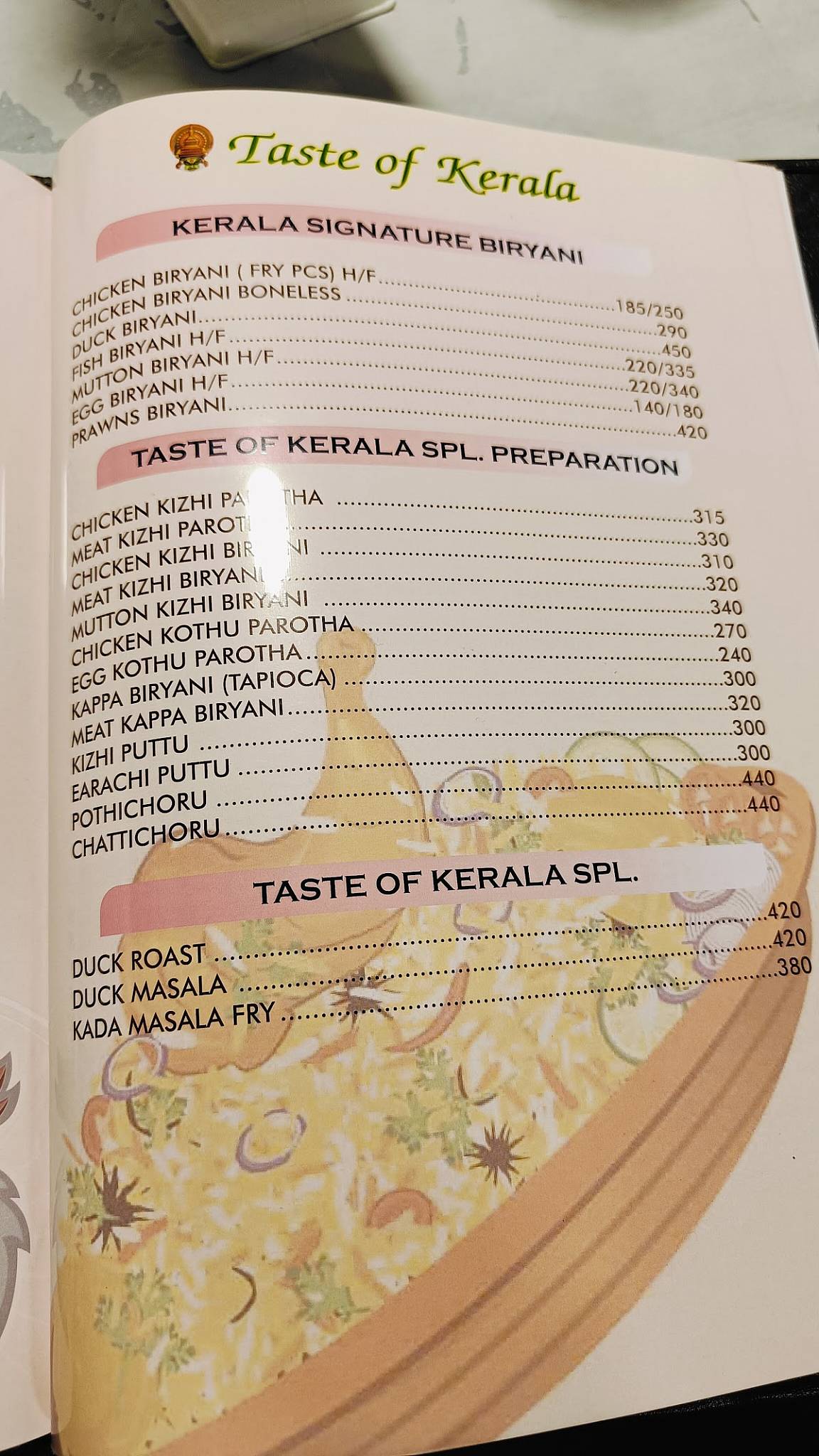 Taste of kerala@ menu