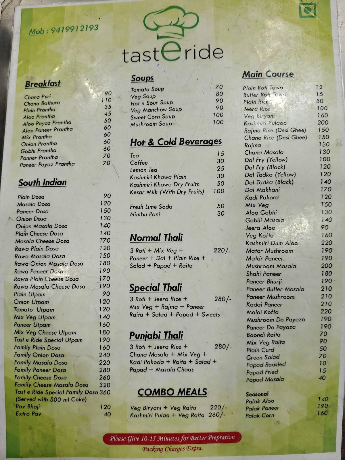 Tasteride Food Point menu