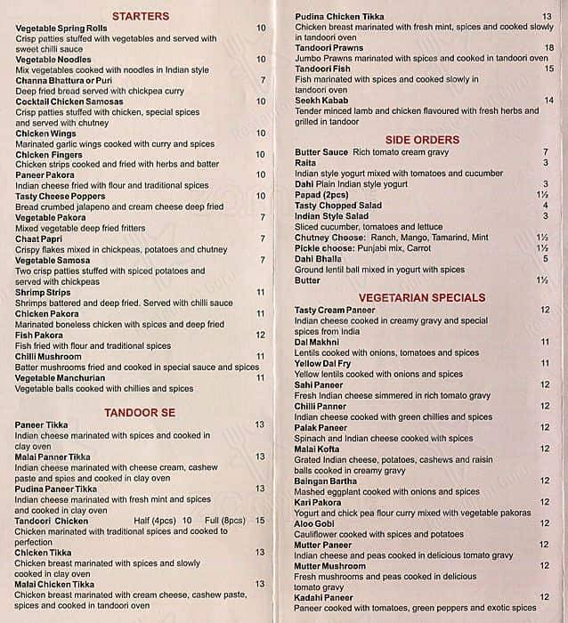 Menu de Tasty Indian Bistro