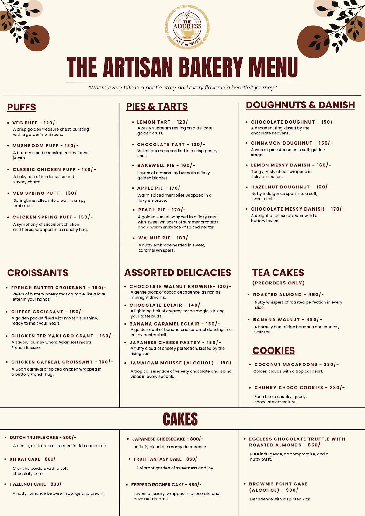 The Address Cafe & More menu