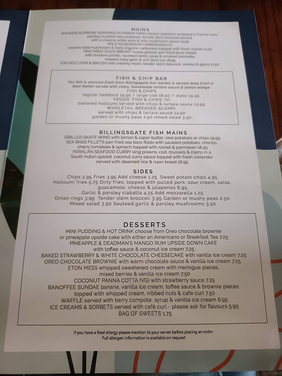 Menu at The Angel & Harp pub & bar, Great Dunmow