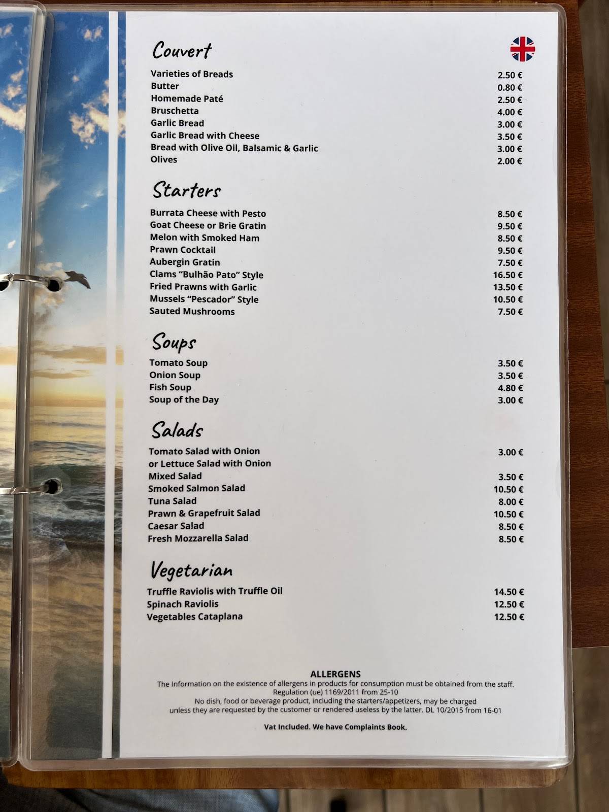Menu at The Beach Basket restaurant, Albufeira