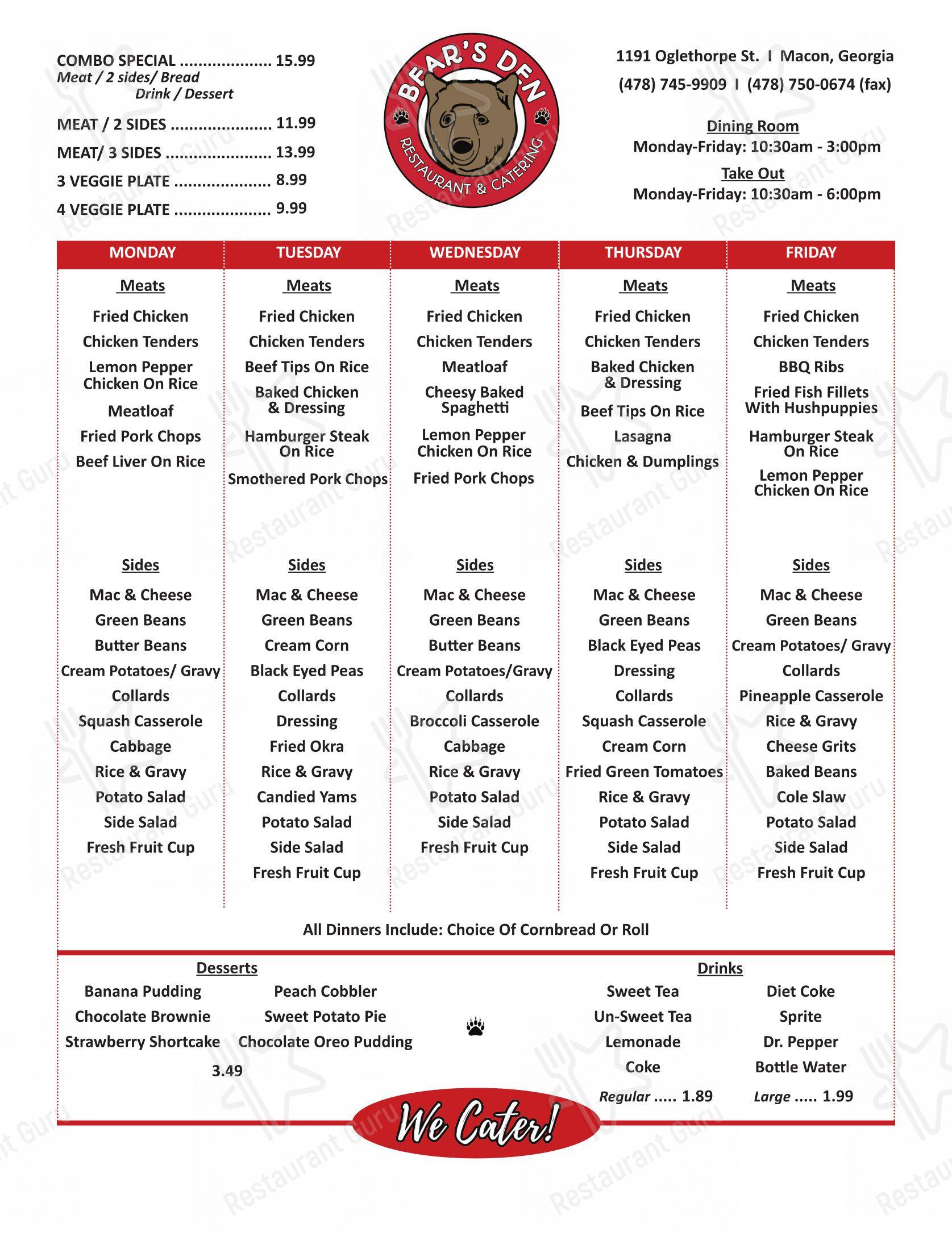 Menu at The Bears Den restaurant Macon Oglethorpe St