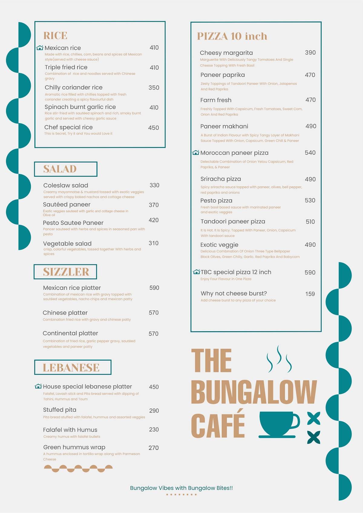 The Bungalow Cafe menu