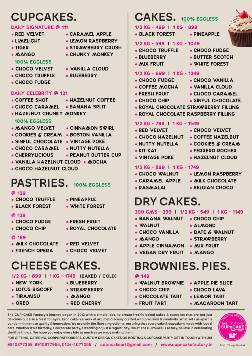 The CUPnCAKE Factory menu