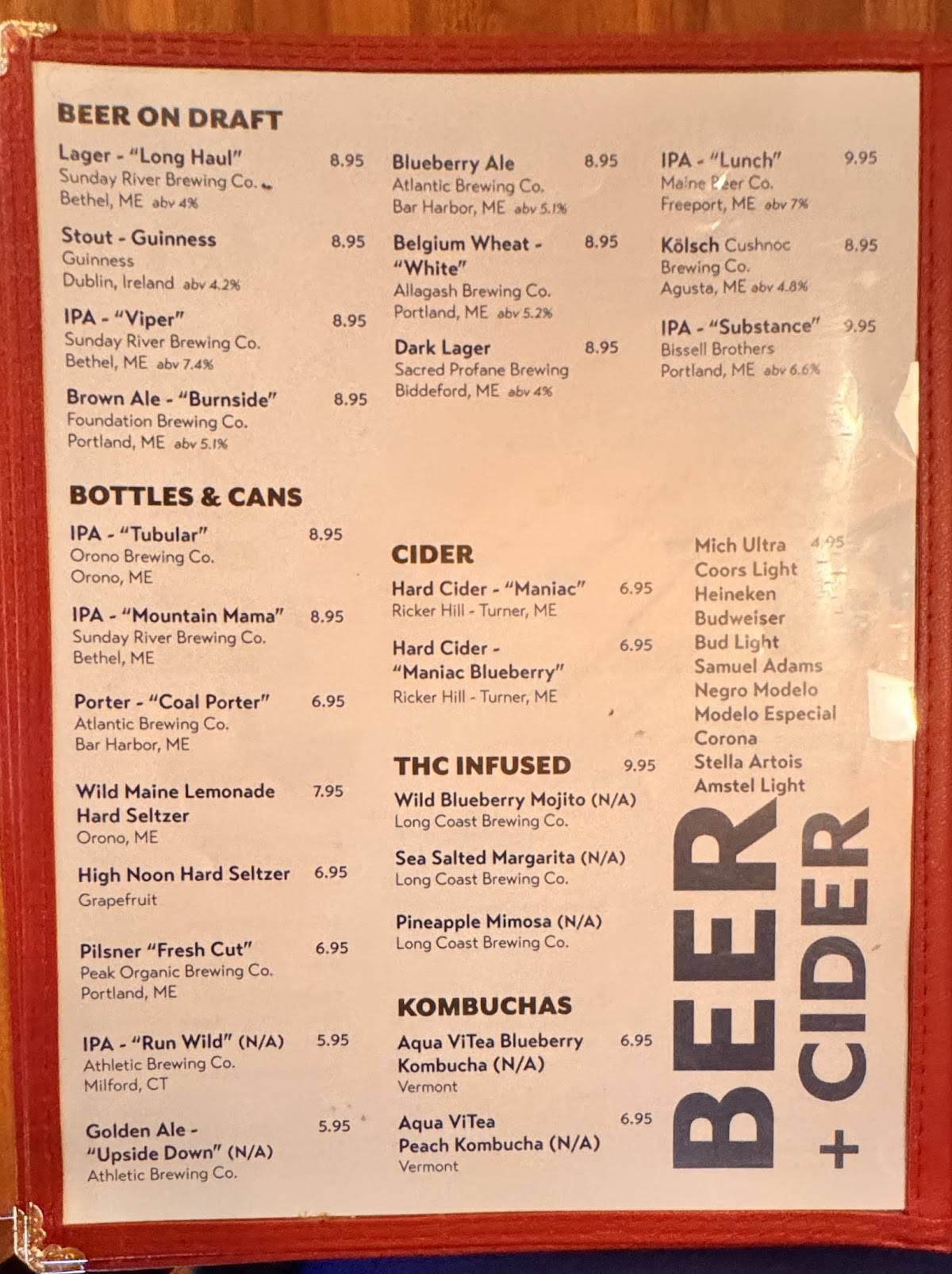 Menu at The Chart Room restaurant, Bar Harbor